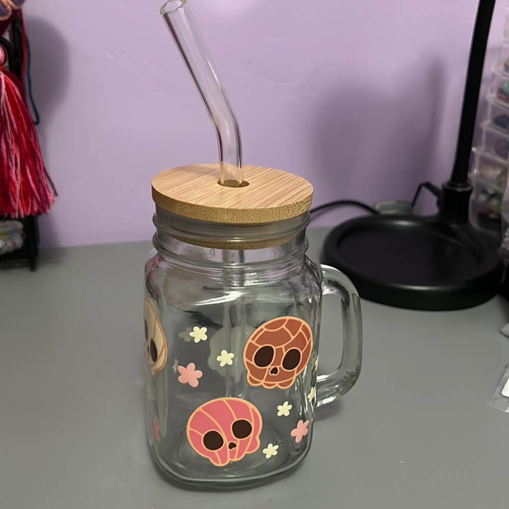 Handmade Concha Skulls mason jar mug